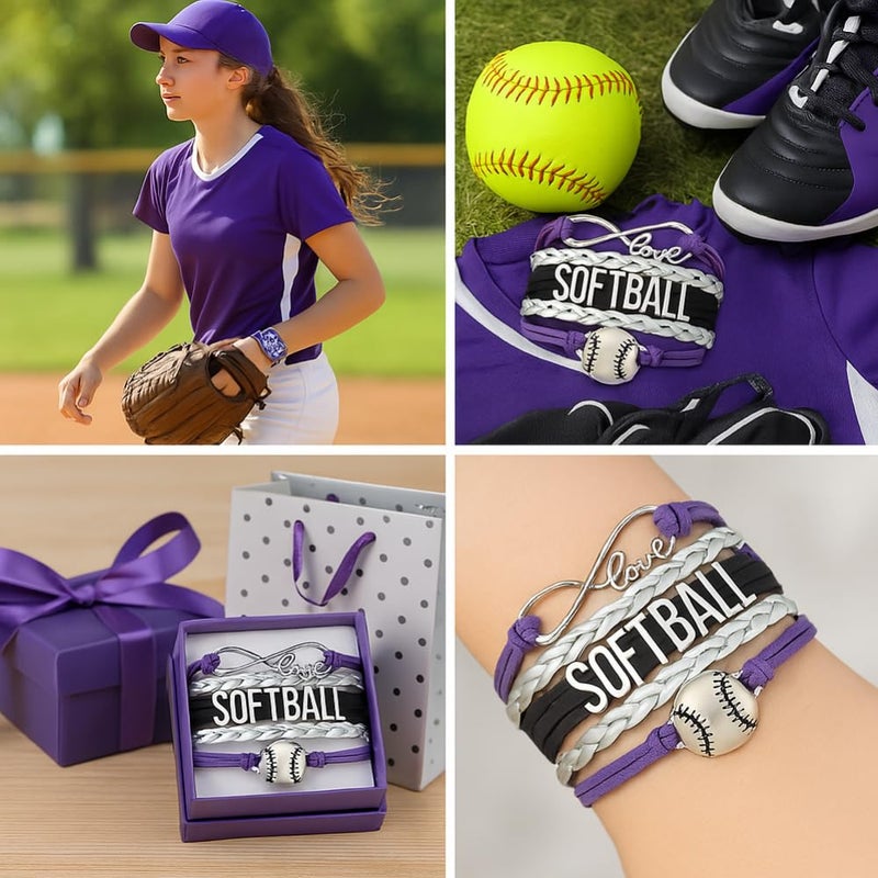 Infinity Collection Sportybella Softball Charm Bracelet (Purple/Silver) - Adjustable Braided Bracelet for Girls, Softball Players, Teams & Coaches - Image 2